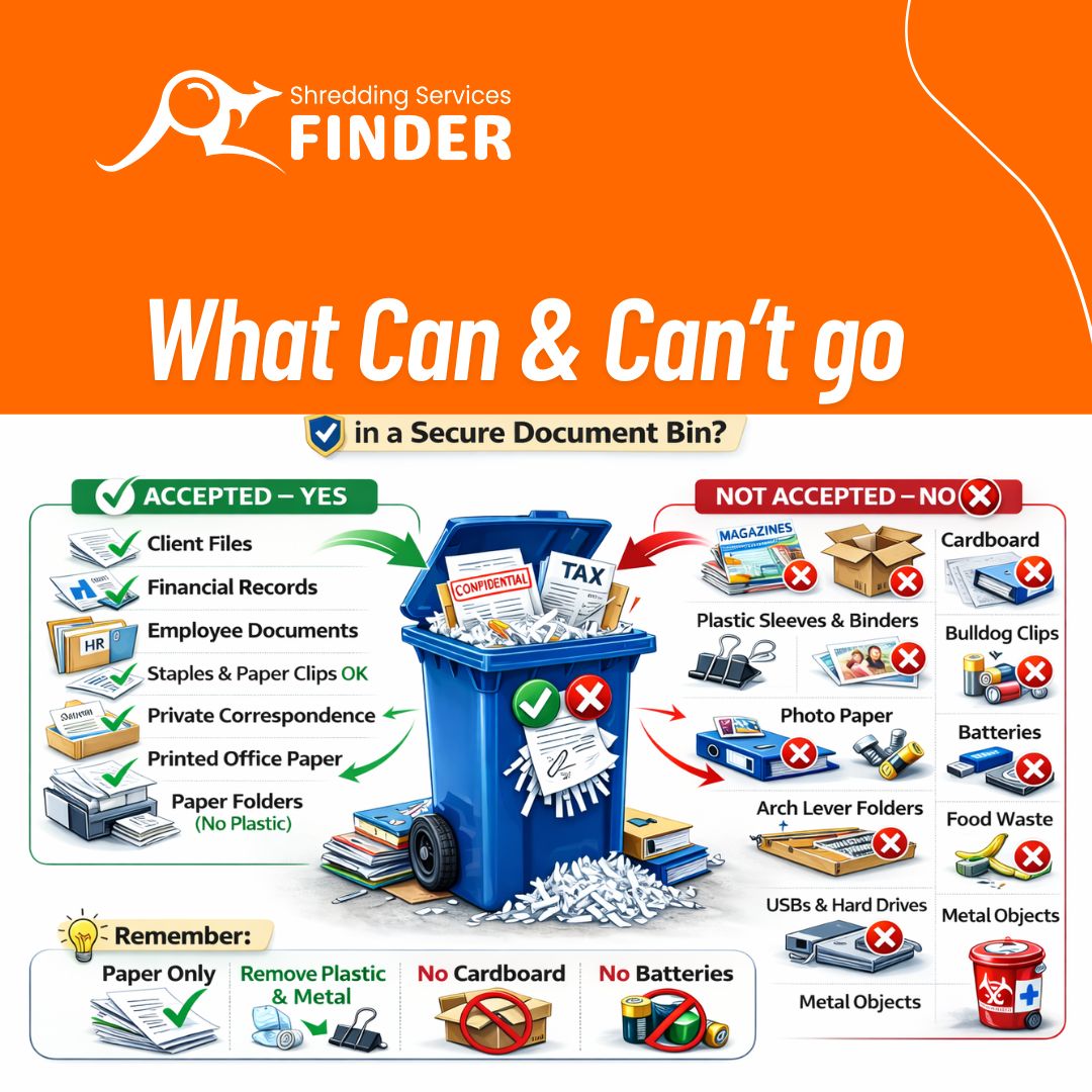 Can coloured paper go in secure document bins? Light office-coloured paper is generally acceptable. However, coloured manila folders or heavily dyed paper may be restricted depending on the provider.