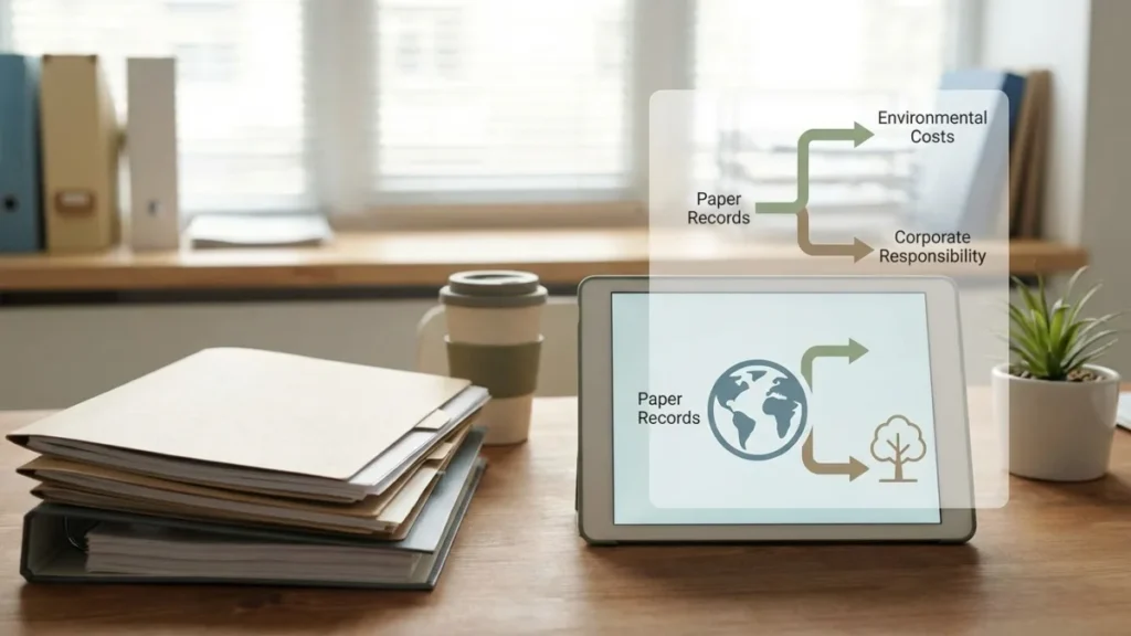 A corporate sustainability report highlights the severe environmental costs tied to excessive paper consumption.