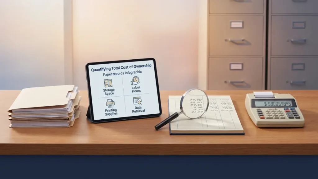A detailed financial chart calculating the total cost of ownership for physical document storage.